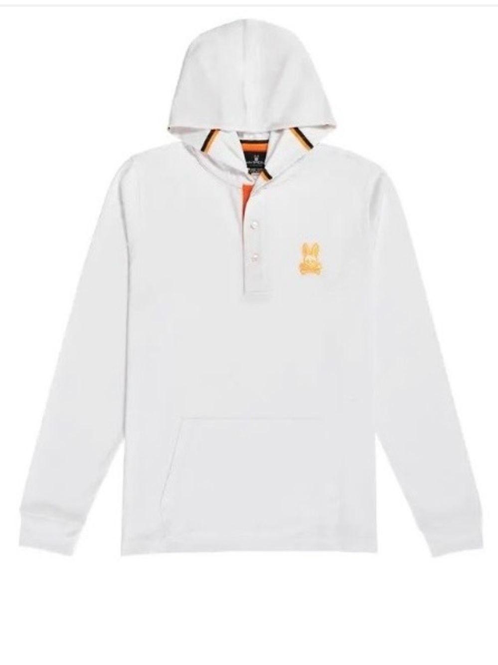 Psycho Bunny White Pima Cotton Newbold Hoodie Pullover, Orange Trim. Size S